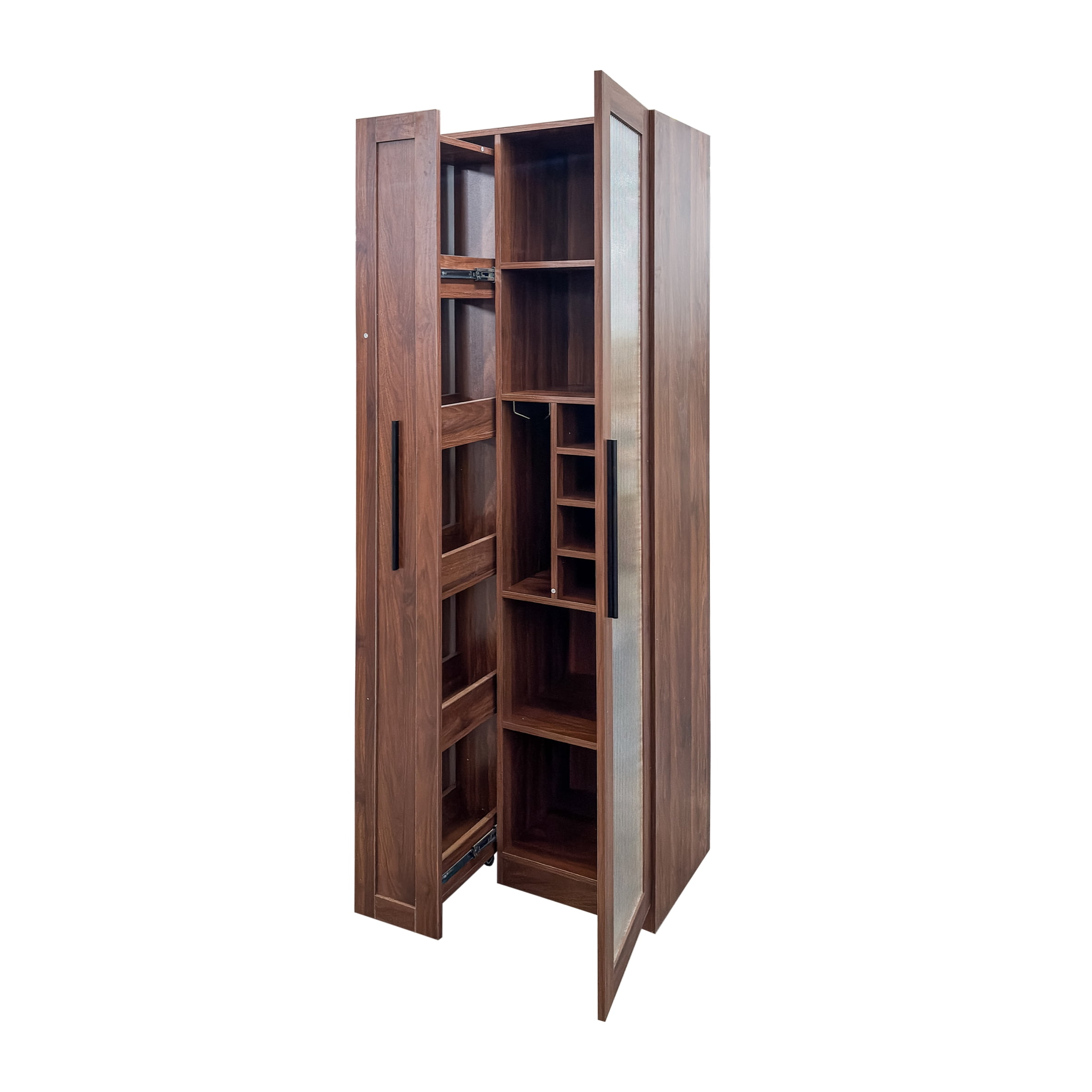 Mintazer 67.2" Tall Pull-Out Storage Pantry Cabinet with Glass Doors & Shelves, Farmhouse Storage Cabinet for Kitchen Bar Dining Room, Brown