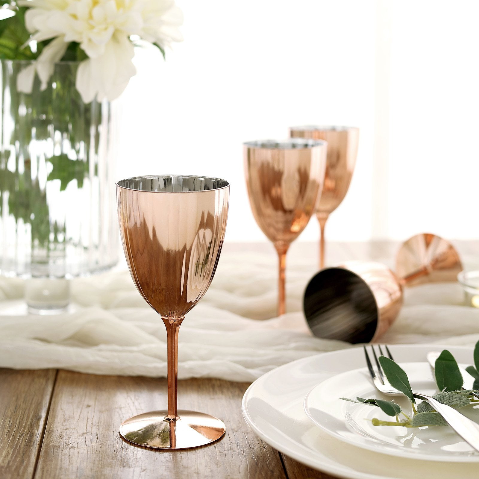 NEW SET OF 4 LUSTER METALLIC ROSE GOLD MIRROR+CLEAR WINE,GOBLET+STEM GLASS 