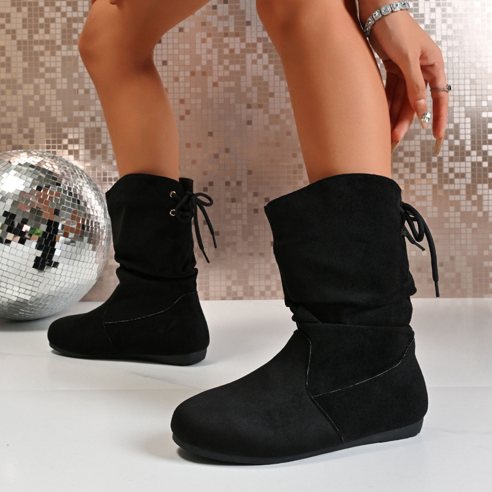Miluxas Women Mid Calf Boots Wide Calf Slouch Ruched Suede Flats Low Heels Lace up Solid Color Booties Trendy Retro Comfort Non Slip Walking Riding Hiking Shoes Black 9(42)