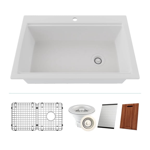 33" x 22" Workstation Kitchen Sink, Quartz Kitchen Sink, Single Bowl Sink, Drop-in Sink, Granite Kitchen Sink, Galaxy White Kitchen Sink, with Accessories by Lexicon Platinum LP-750TM-W