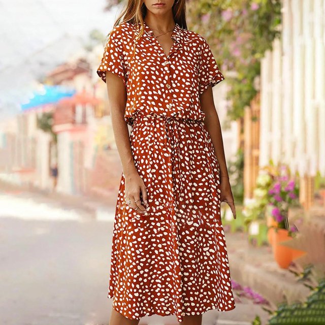 Pisexur Robe à Manches Courtes à Col en V pour Femme, Mode d'Été Décontractée, Imprimé à Pois, Robe à Manches Courtes à Cordon, Robe pour Femme