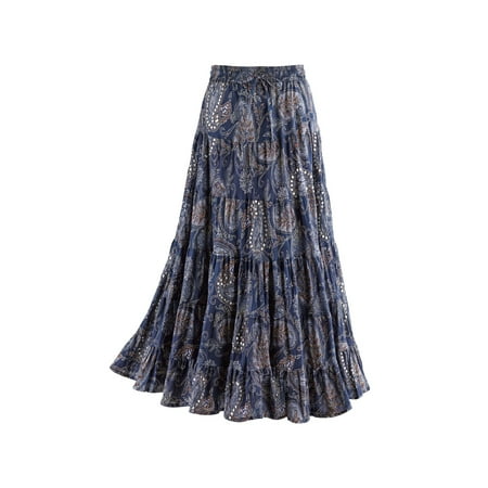 Women's Sequins & Paisley Skirt- Blue Tiered Broomstick Elastic Drawstring Waist