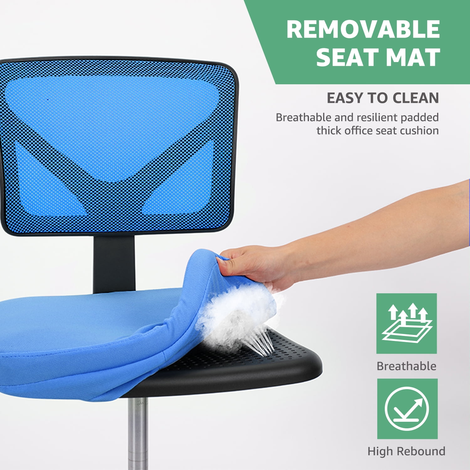JOINSUN Armless Desk Mesh Office Chair, Adjustable Height Ergonomic Low Back Vanity Task Desk Chair with Wheels, Blue