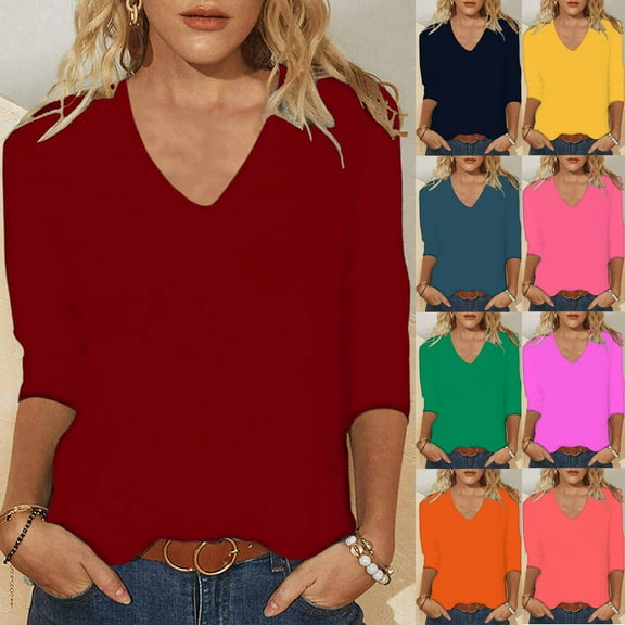 Meichang 3/4 Length Sleeve Womens Tops V Neck Summer T Shirts Solid Basic Tees Loose Fit Three Quarter Length Blouse