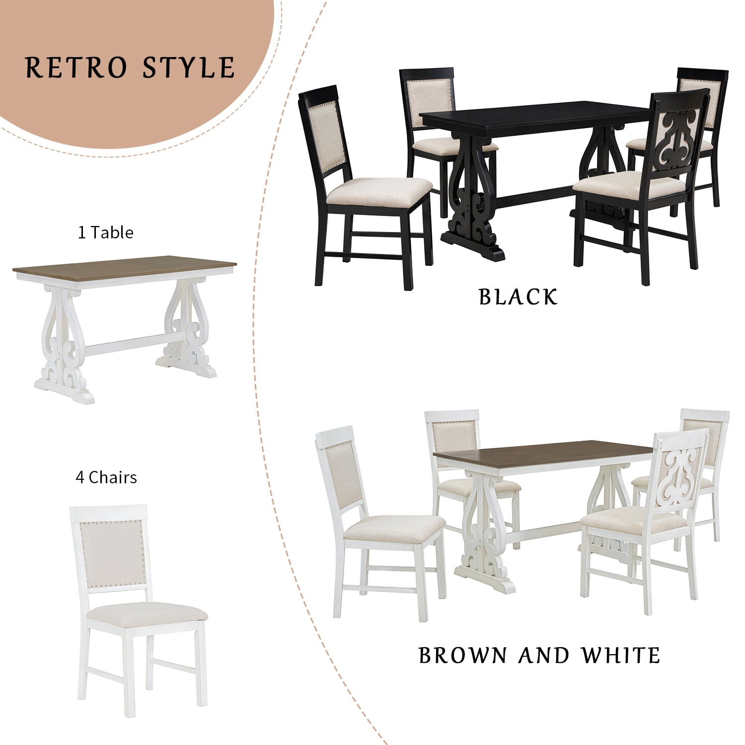 EUROCO 52" 5PCS Retro Dining Set, Dining Table Set for 4 with 4 Upholstered Chairs and Solid wood Table Leg,Rectangular Kitchen Table set for 4