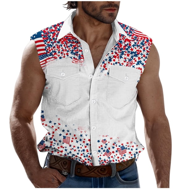 Camisas de Cuello para Hombres, Moda Casual Día de la Independencia Imprimir Turndown Bolsillos sin Mangas Tanque Deportivo