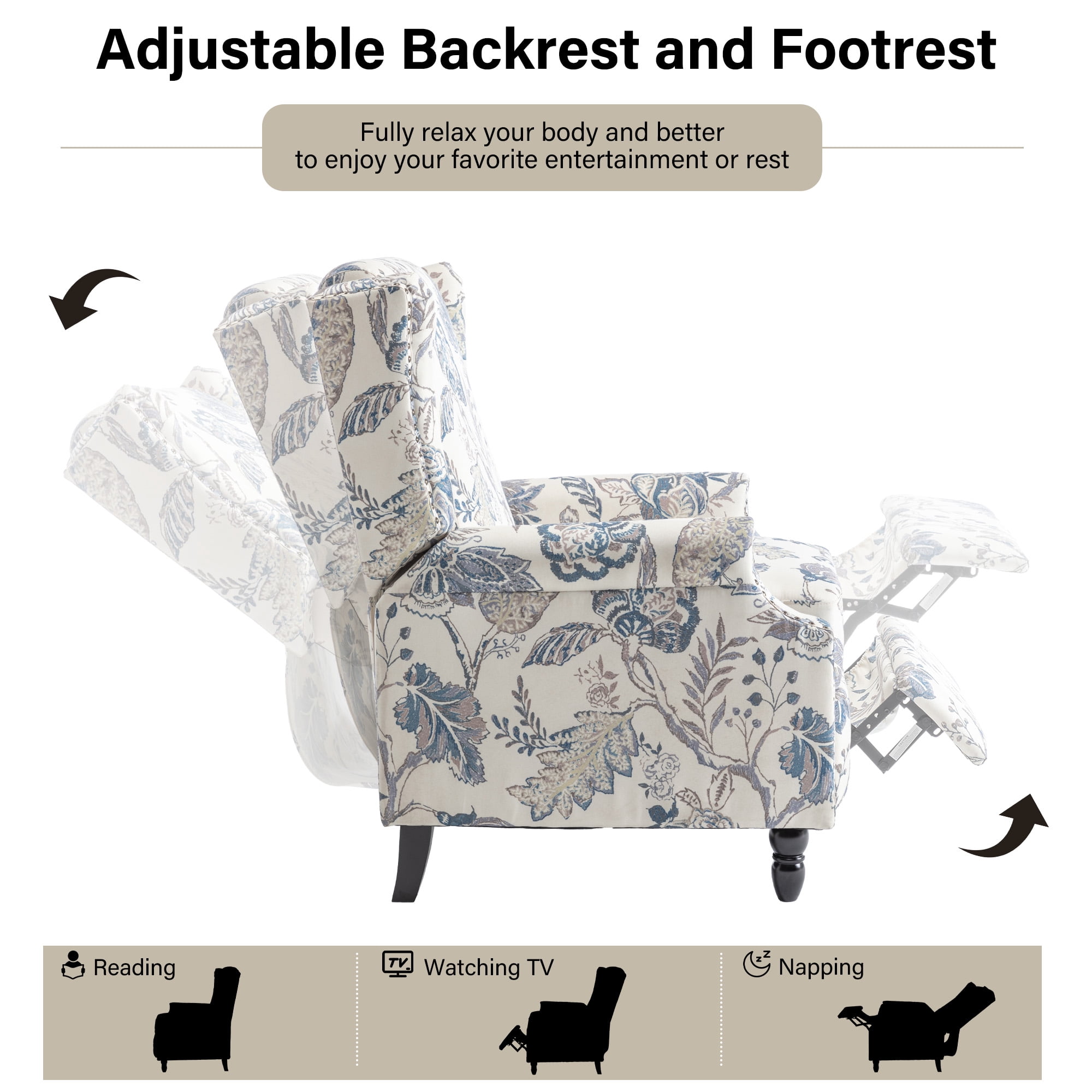 DREAMSIDEA Push Back Recliner Chair Living Room, Wingback Reclining Sofa Chair, Fabric Floral Recliner Reading Chair with Footrest for Living Room/Office/Apartment, Blue Plants