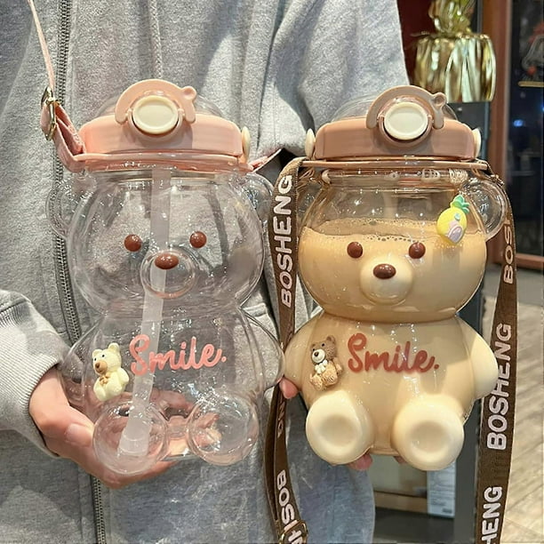 1000ml Teddy Bear Water Bottle With Straw, Bottle With Shoulder Strap Portable Teddy Bear Cute Drinking Bottle for School Travel