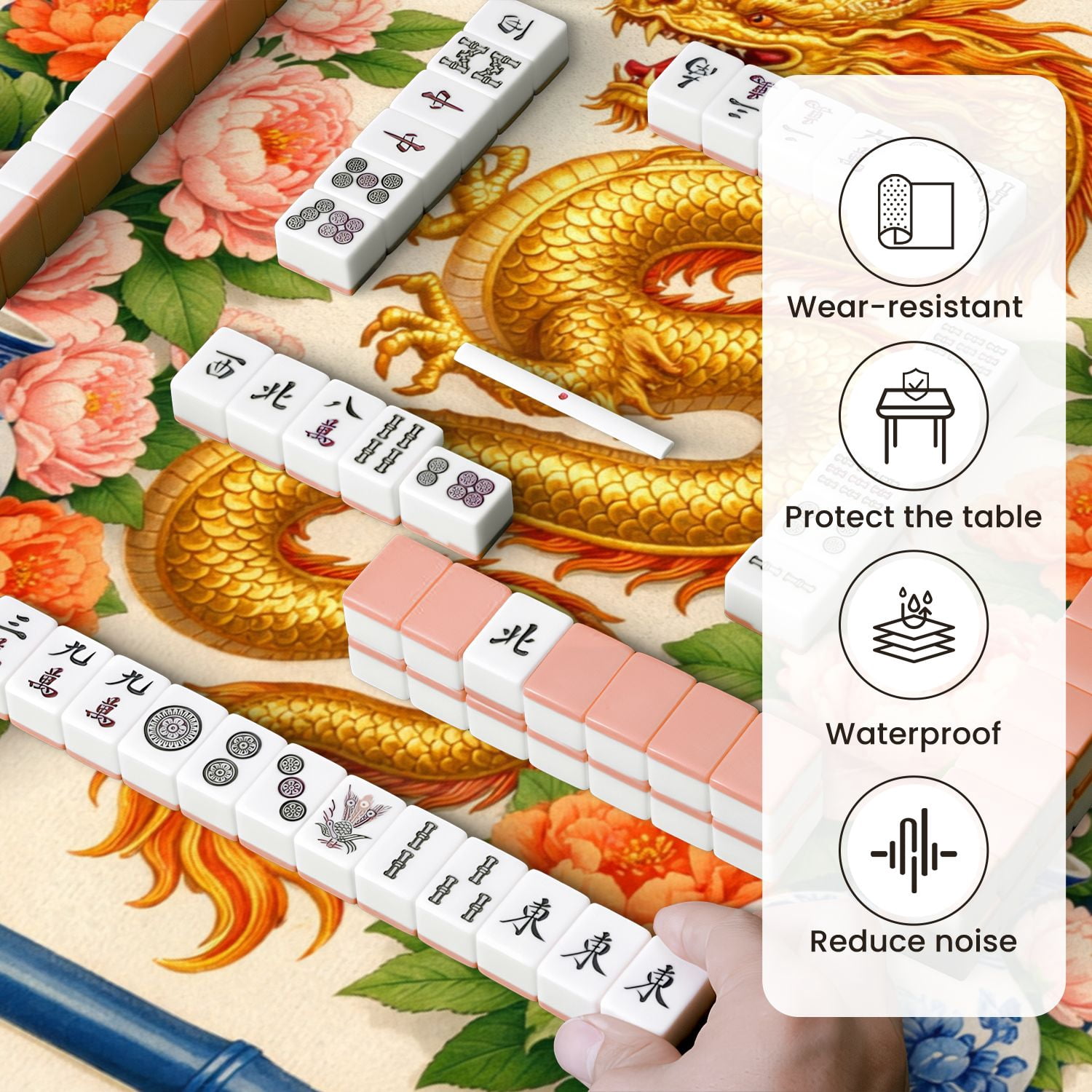 Mahjong Mat 31.5" x 31.5" Golden Chinese Dragon Pink Peonies Blue Vases Floral Non-Slip Noise Reduction Mahjong Tiles Table Cover for Dominoes Poker Card Board and Tile Games