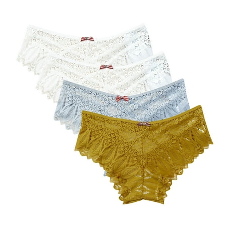 Tao Tao 4 PCS Panties for Women Naughty for Sex Crochet Thong Lace Criss Cross Breathable Underwear Scallop Trim Thongs Brief Yellow S
