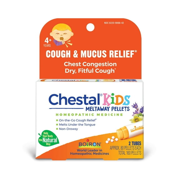 Boiron Chestal Kids Pellets, Homeopathic Medicine for Cough & Mucus Relief, Chest Congestion, Dry, Fitful Cough, 2 x 80 Meltaway Pellets