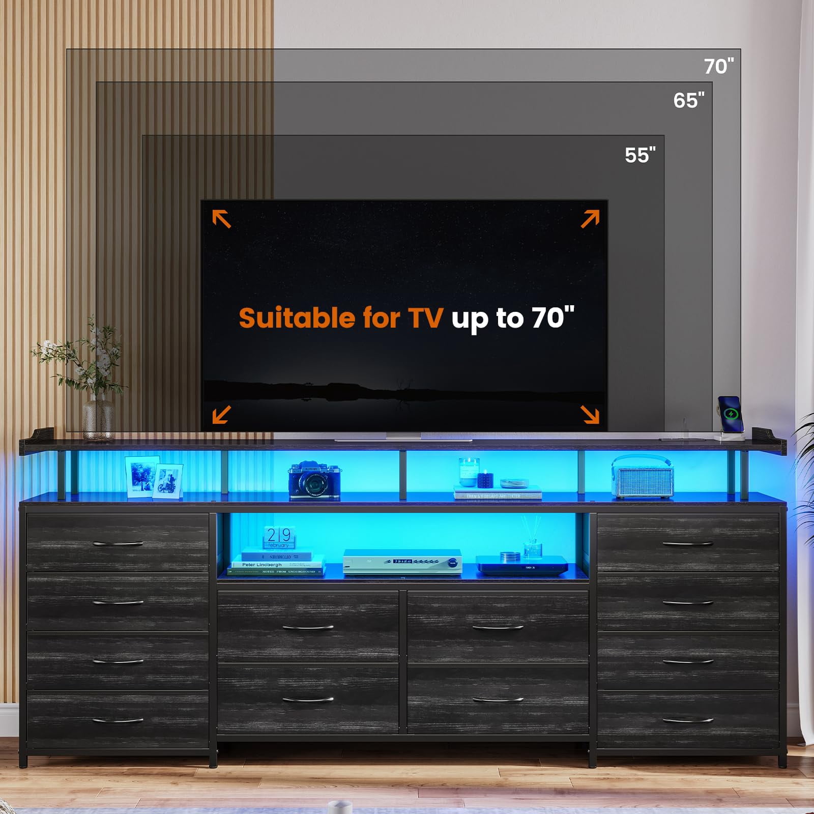 Afuhokles 12 Drawers TV Stand Dresser for 65/70 inch TV with LED Light, Entertainment Center with LED Lights and Power Outlets, 63" TV Console Table for Bedroom, Black