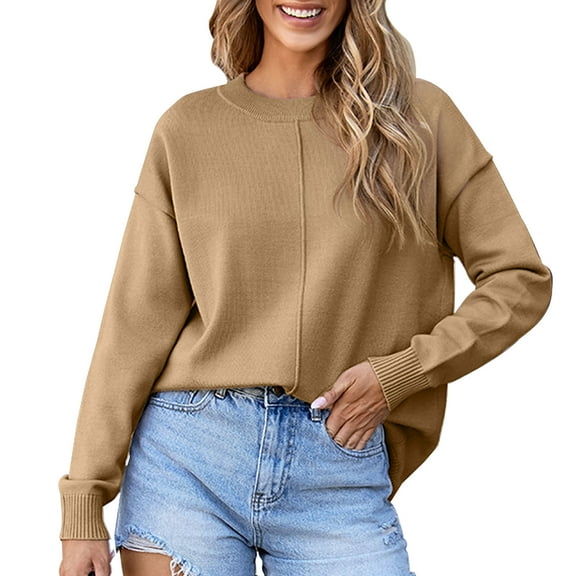 SHEWIN Women's Sweater Long Sleeeve Pullover Sweater Soft Lightweight Knit Tops 2025 Khaki L