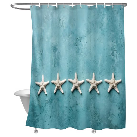 Ocean Summer Shower Curtain, Starfish Arrangement Coastal Cyan Lightweight Waterproof Fabric Shower Curtain with Rustproof Grommets for Bathroom Bathtub 48x72in