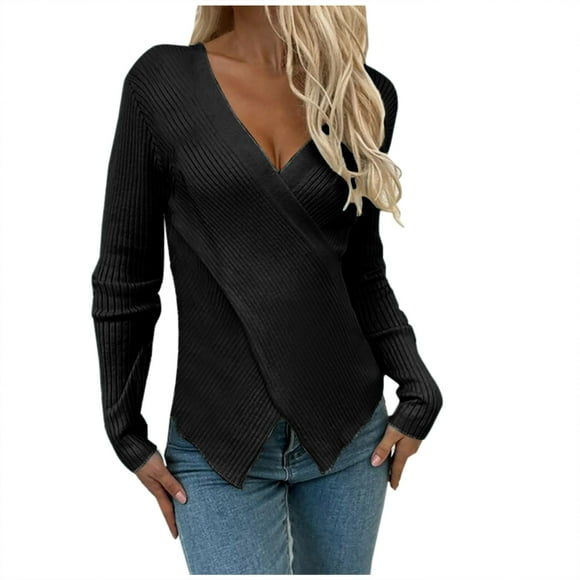 TIMIFIS Black Womens Pullover Sweater Solid Casual Knit Surplice Wrap Long Sleeve Fall Winter Jumper Tops - Fall/Winter Clearance