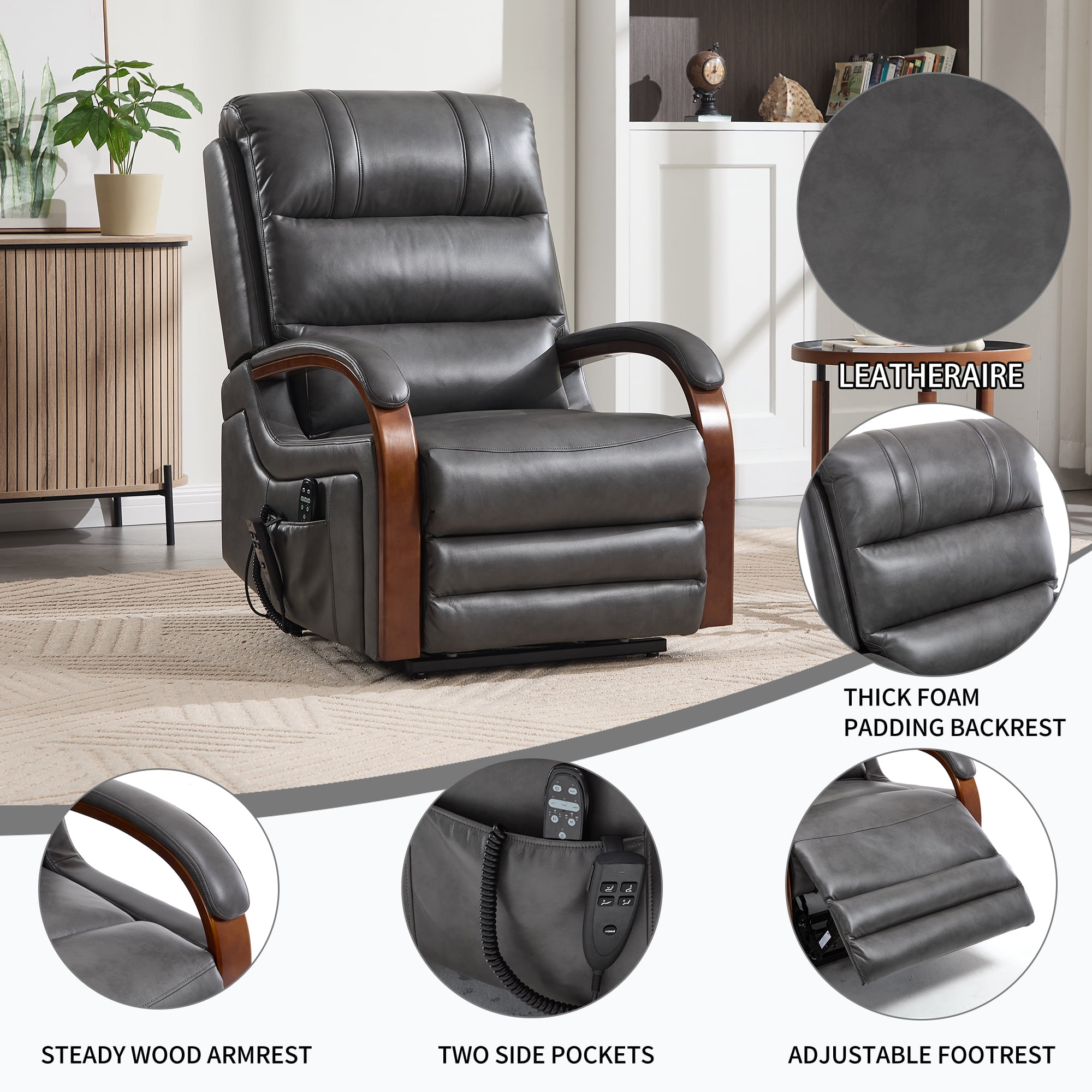 Gewnee Power Lift Recliner Chair with Heat and Massage,Lay Flat Assist Recliner with Side Pocket & Solid Wood Armrest,Lift Chair for Living Room.Grey PU