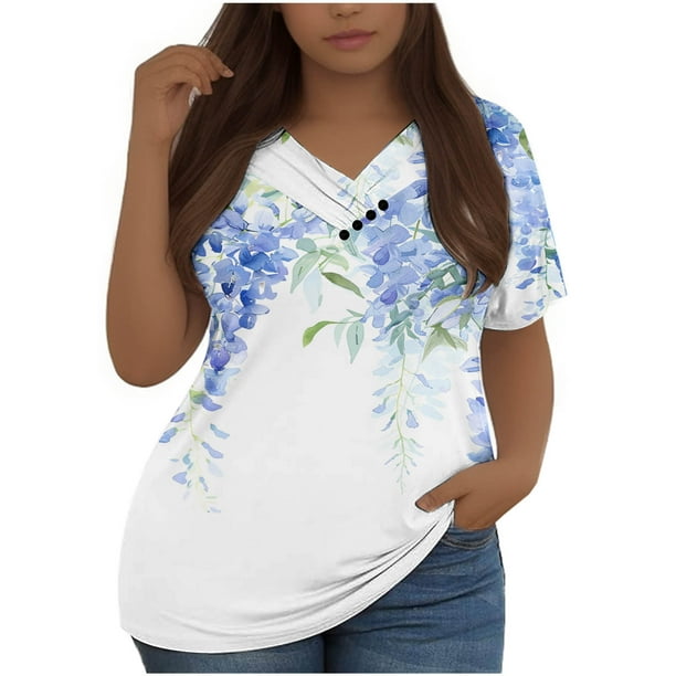 Mujeres Tops Casual Manga Corta V-Cuello Botón Decoración Plisado Blusa para Más Tamaño L-5xl