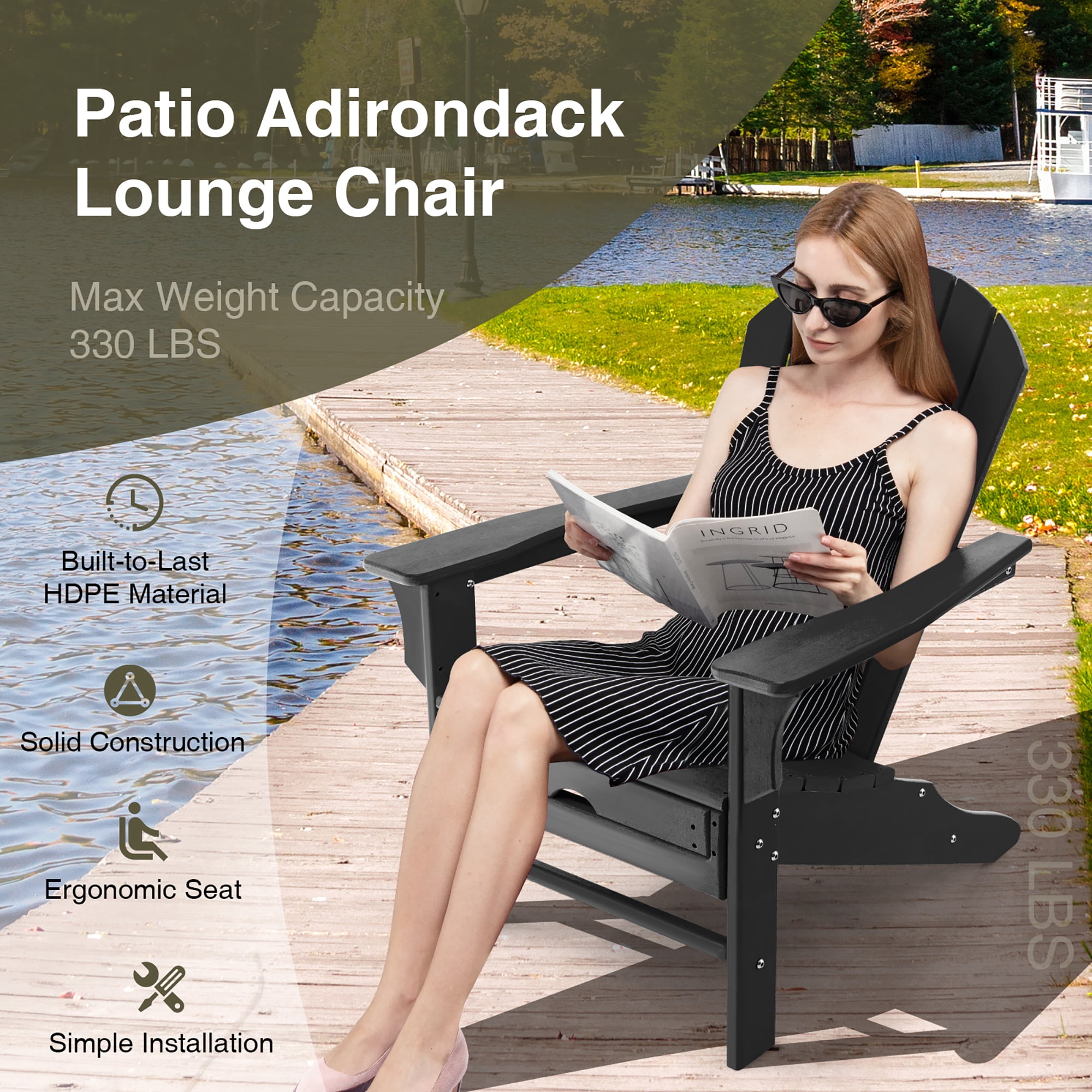 Costway Outdoor Patio HDPE Deck Adirondack Chair Beach Seat Retractable Ottoman Black
