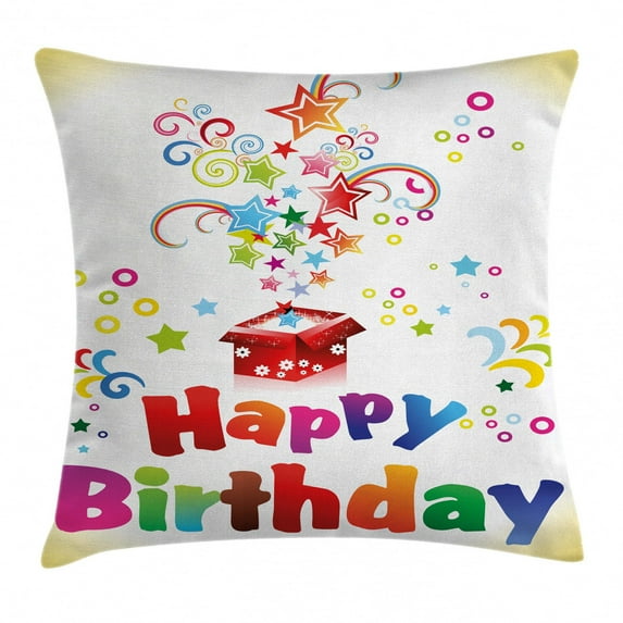 Birthday Decorations Throw Pillow Cushion Cover, Stars Swirls Spirals Circles Coming Out of Present Surprise Happiness, Decorative Square Accent Pillow Case, 16 X 16 Inches, Multicolor, by Ambesonne