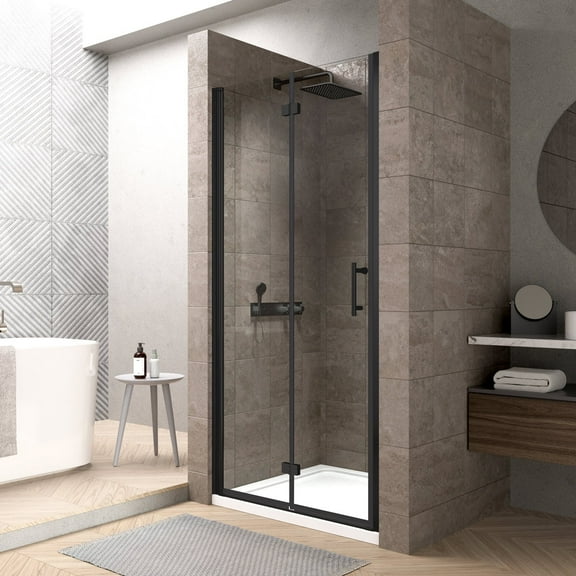 ACE DECOR 30" W x 72" H Frameless Bifold Shower Door, 1/4" (6mm) Clear SGCC Tempered Glass Shower Door, Pivot Swing Shower Glass Door in Matte Black Finish, Reversible Installation