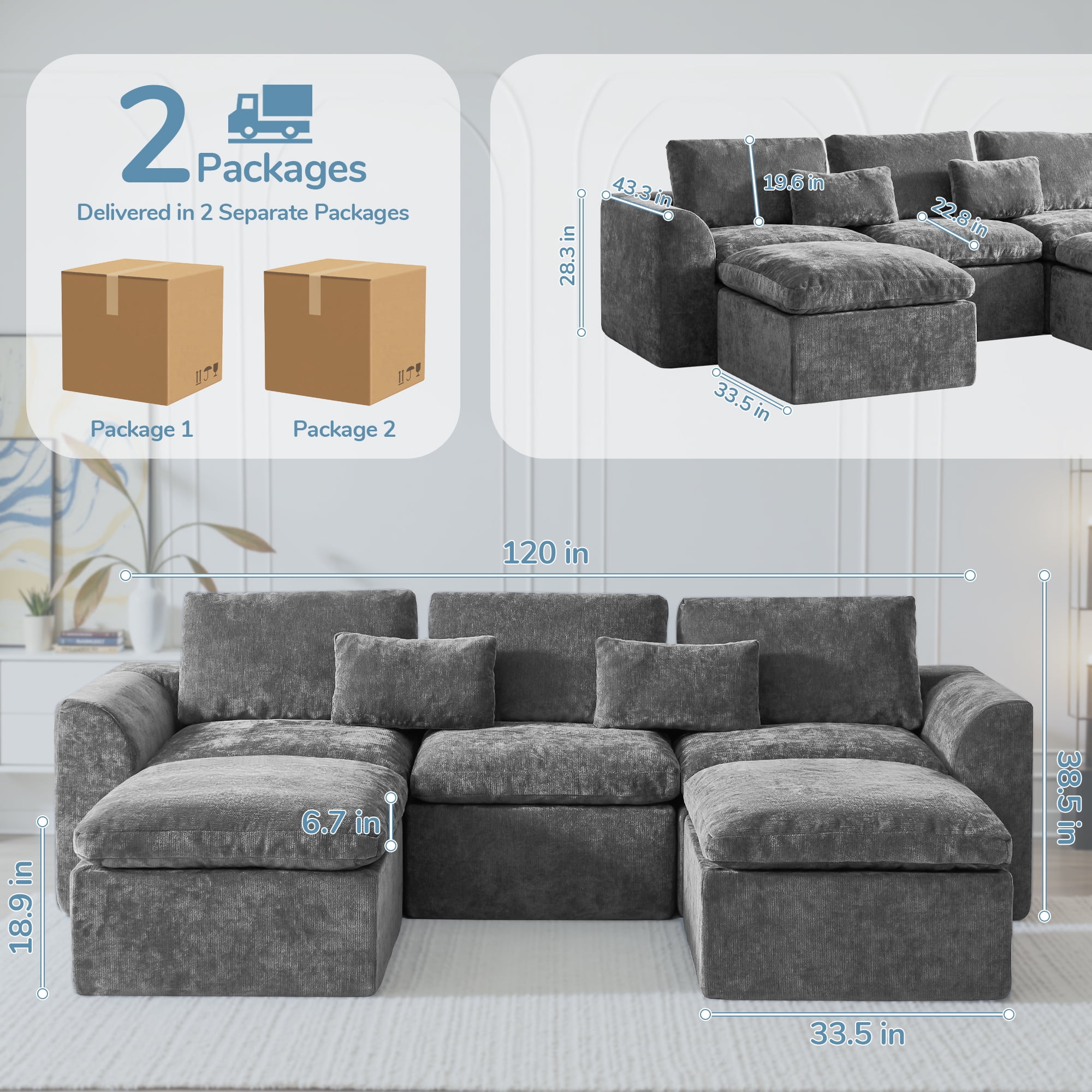 YINIX 120" Modular Sectional Sofa with Movable Ottomans, U-Shaped Couch for Living Room, No Assembly Required, Grey