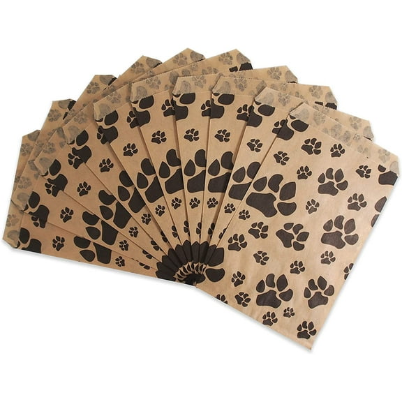 20 Bags of our Kraft 4" x 6" Decorative Flat Paper Gift Bags - Paw-Print Pattern on Brown Bags - for Sales/Treats/Parties Cookies/Gifts.