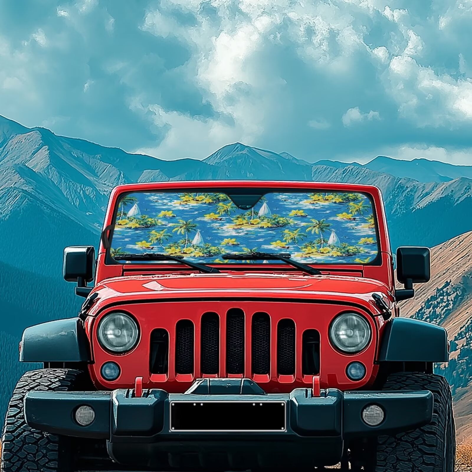 Uorisanigo Foldable Windshield Sun Shade Hawaiian Sailboat Print Sunshade Front Window Shield Fit for Jeep Wrangler JL 2/4 Door & 2024 2025 Jeep Wrangler 4XE ,Keep Car Interior Cooler