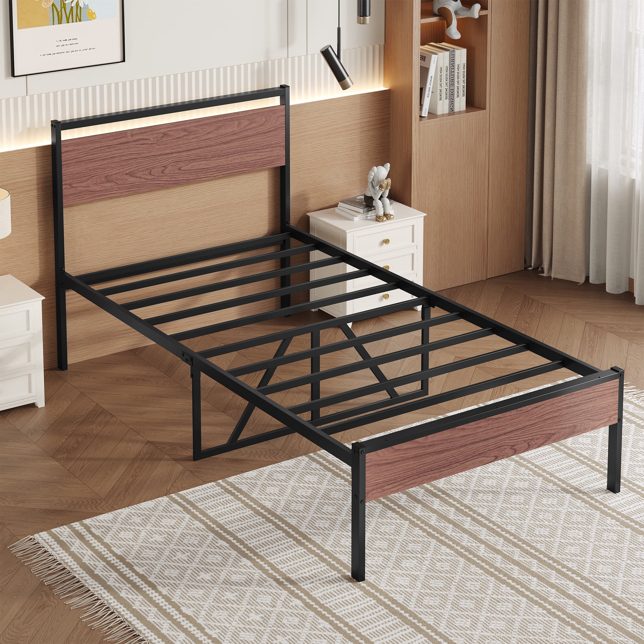 PAPROOS Twin Bed Frame, Metal Twin Bed with Wooden Panel Headboard, Platform Bed with Underbed Storage, Twin Size Metal Bed Frame, No Box Spring Needed, Rustic Brown