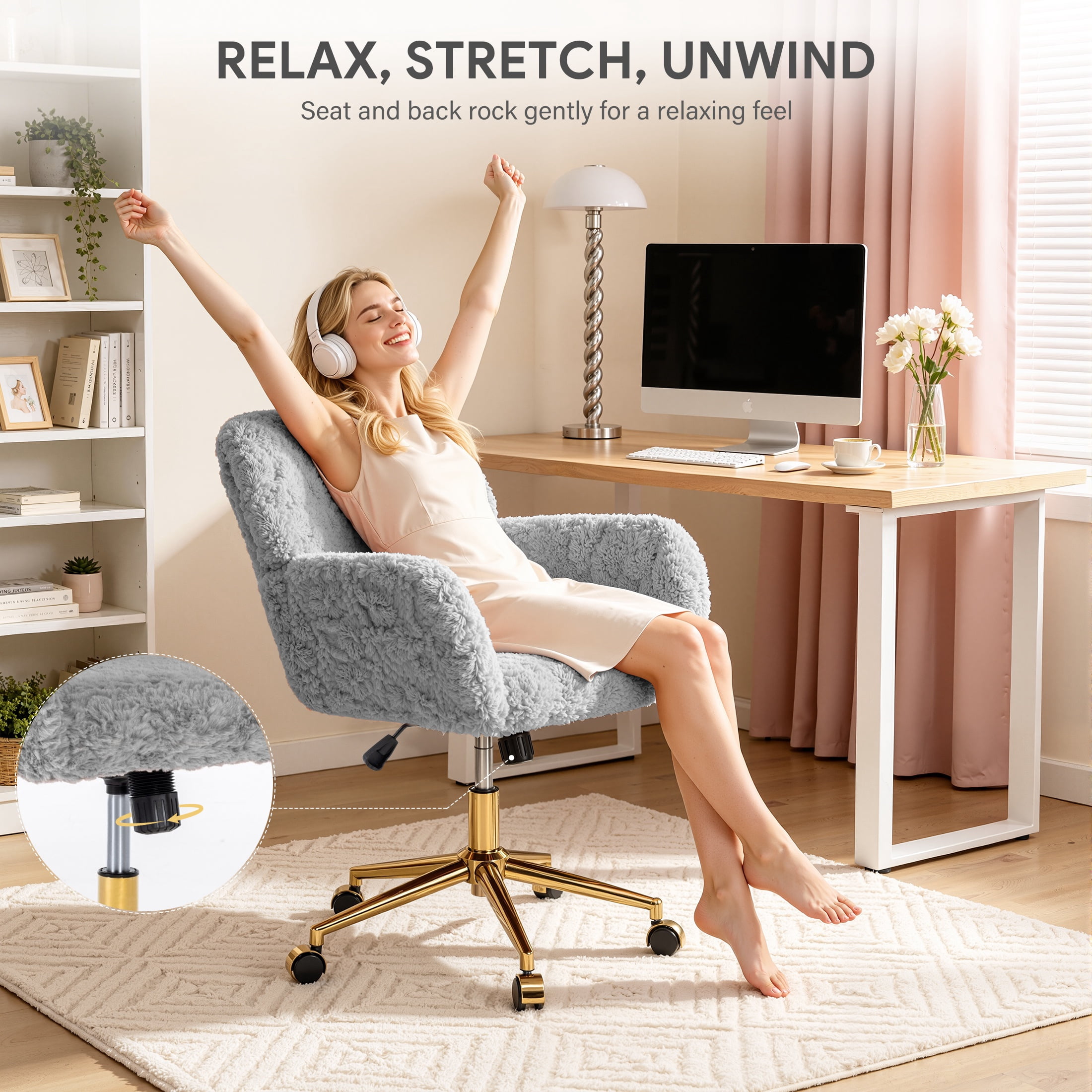 PAPROOS Vanity Chair with Back, Adjustable Swivel Makeup Desk Chair with Wheels and Arms, Fluffy Home Office Task Chair with Artificial Rabbit Hair for Bedroom, Dorm, Study Room, Gray
