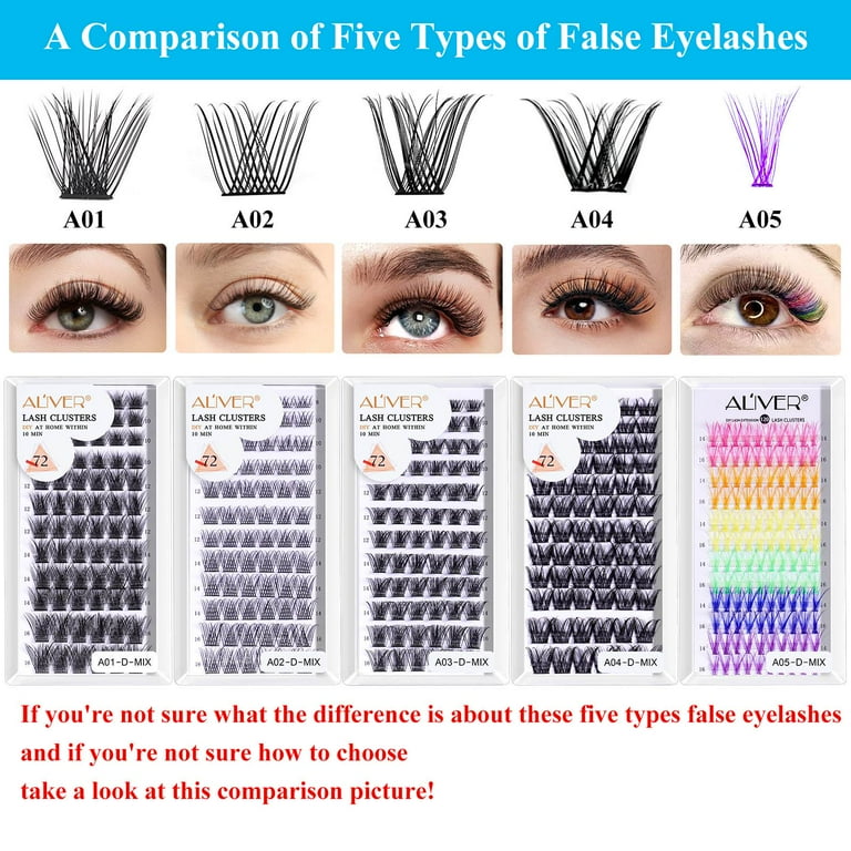 Aliver Lash Clusters DIY Eyelash Extensions 72pcs D Curl Natural Cluster Lashes 8 to 16mm Individual Lashes Eyelash Clusters A02 D MIX