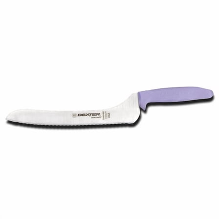 Dexter Russell S163-9SCP-PCP Sani-Safe (13583P) Sandwich Knife, 9", scalloped edge, offset, stain-free, high-carbon steel, textured, polypropylene purple handle, Perfect Cutlery Packaging