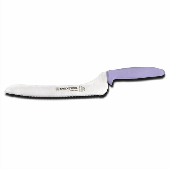 Dexter Russell S163-9SCP-PCP Sani-Safe (13583P) Sandwich Knife, 9", scalloped edge, offset, stain-free, high-carbon steel, textured, polypropylene purple handle, Perfect Cutlery Packaging