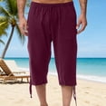 thumbnail image 2 of DODADAWANJ Mens Casual Capri Pants Linen Cotton Big and Tall Beach Capris Loose Fit Lightweight Elastic Waist 3/4 Pant Drawstring Below Knee Long Shorts Wine XXXL, 2 of 8