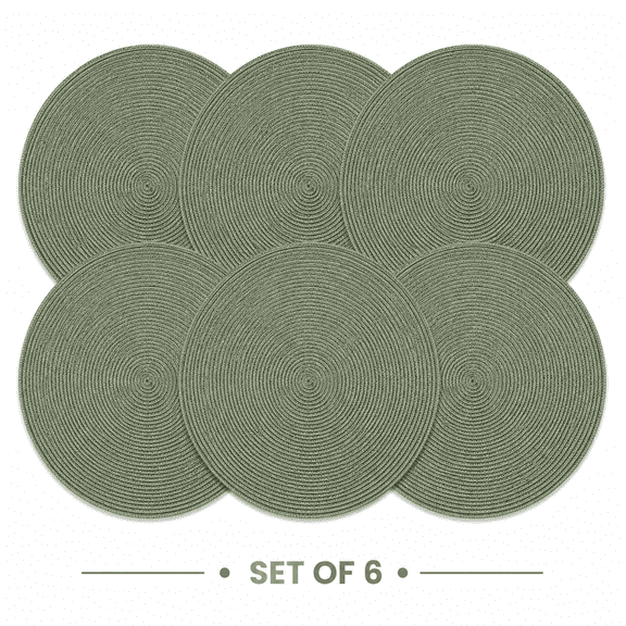 Shyamali Woven Placemats Set of 6, 16 " Round Braided Placemats for Dining Table, Heat-Resistant & Washable, Sage Green