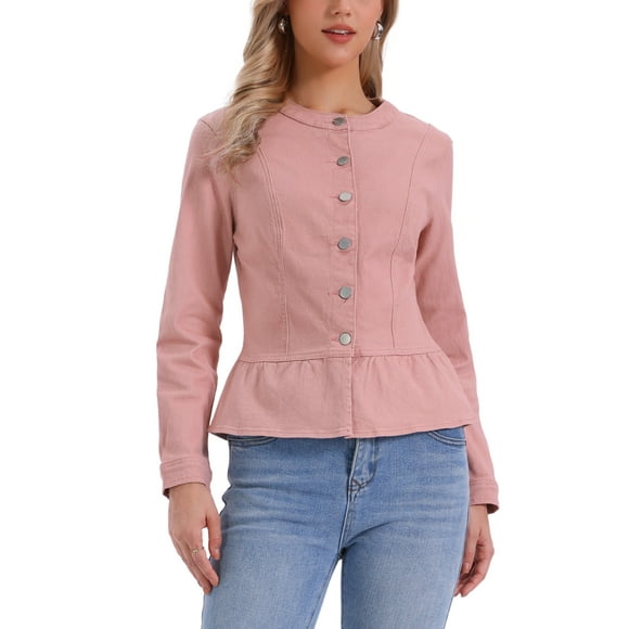 INSPIRE CHIC Women's Collarless Peplum Hem Denim Jacket Button Down Long Sleeve Jean Jacket M Dusty Pink