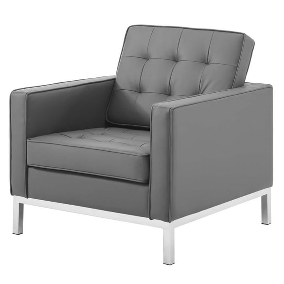 Contemporary Modern Urban Designer Living Room Lounge Club Lobby Accent Side Chair Armchair, Faux Vinyl Leather, Grey Gray Silver