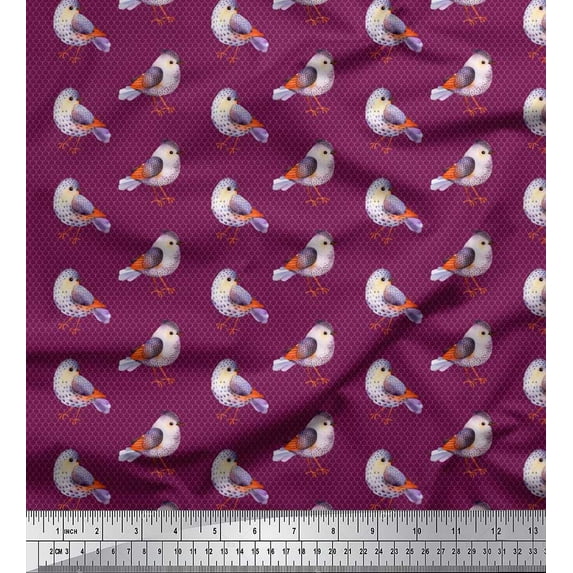 Soimoi Pink Rayon Fabric Geometric Scale & American Robin Bird Print Fabric by The Yard 42 Inch Wide