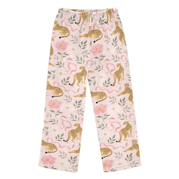 BZSMCE Flannel Pajama Pants Pink Background Leopard Flowers Print Loose Sleep Pants Soft Double Fleece Warm Loungewear with Elastic Waist & Side Pockets S-XL
