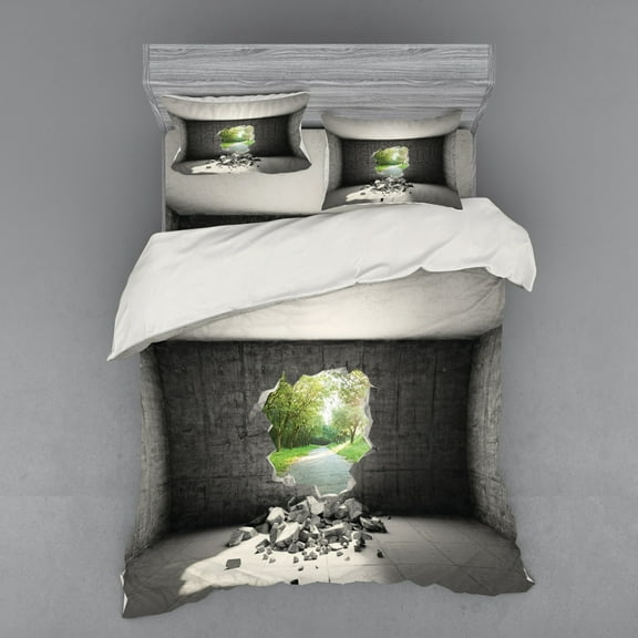 Ambesonne Grey Bedding Set 4 Pcs, Concrete Room Hole Exit, Queen, Grey Green
