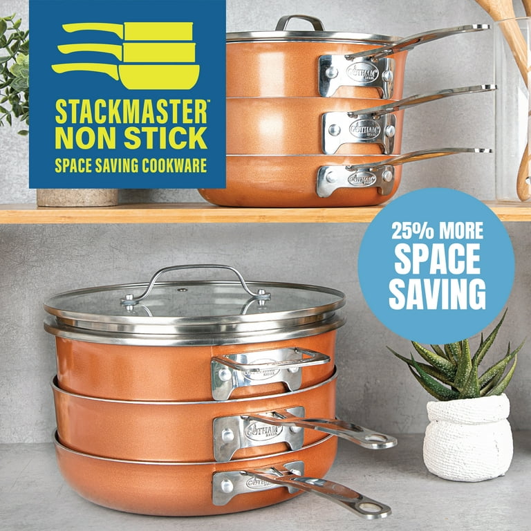 Stackable Non-stick 3 Piece Copper Cast Stackable Pots & Pans Set, Gold