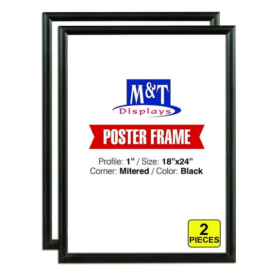M&T Displays Snap Frame 18x24 Inch, Poster Size 1 Inch, Black Color Profile, Front Loading, Mitered Corner (2 Frames)