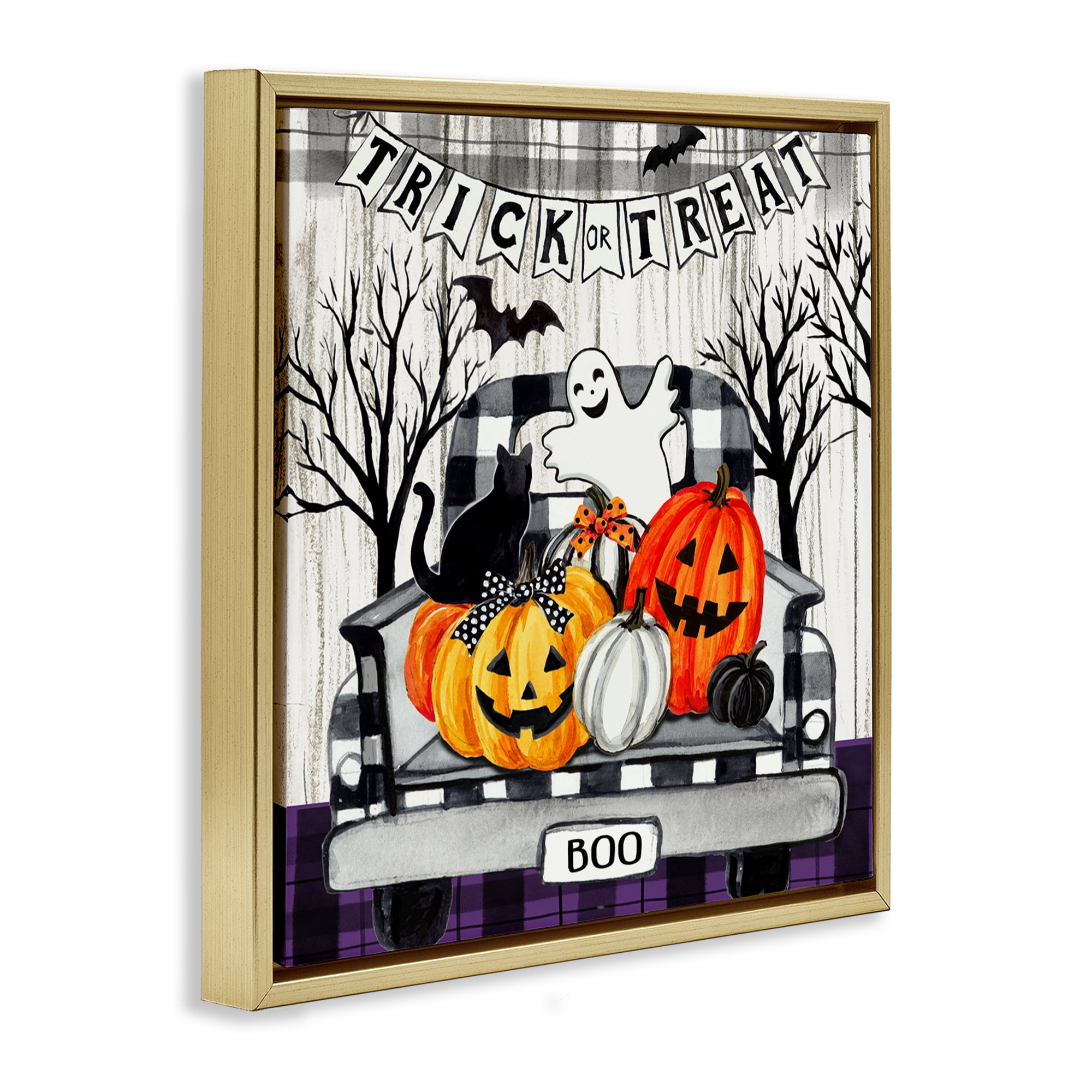 Stupell Industries Halloween Filled Truck Holiday Painting Gold Floater Framed Canvas Art Print Wall Art, 25 x 25