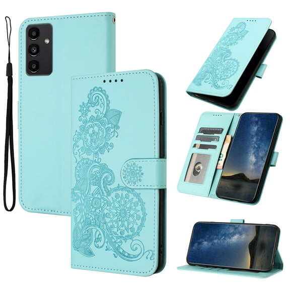 Wallet Case Compatible with Samsung Galaxy A35 with Card Holder, PU Leather Kickstand Women Men Embossed Wrist Strap Magnetic Clasp Design Flip Folio Case Cover for Galaxy A35, Lightblue