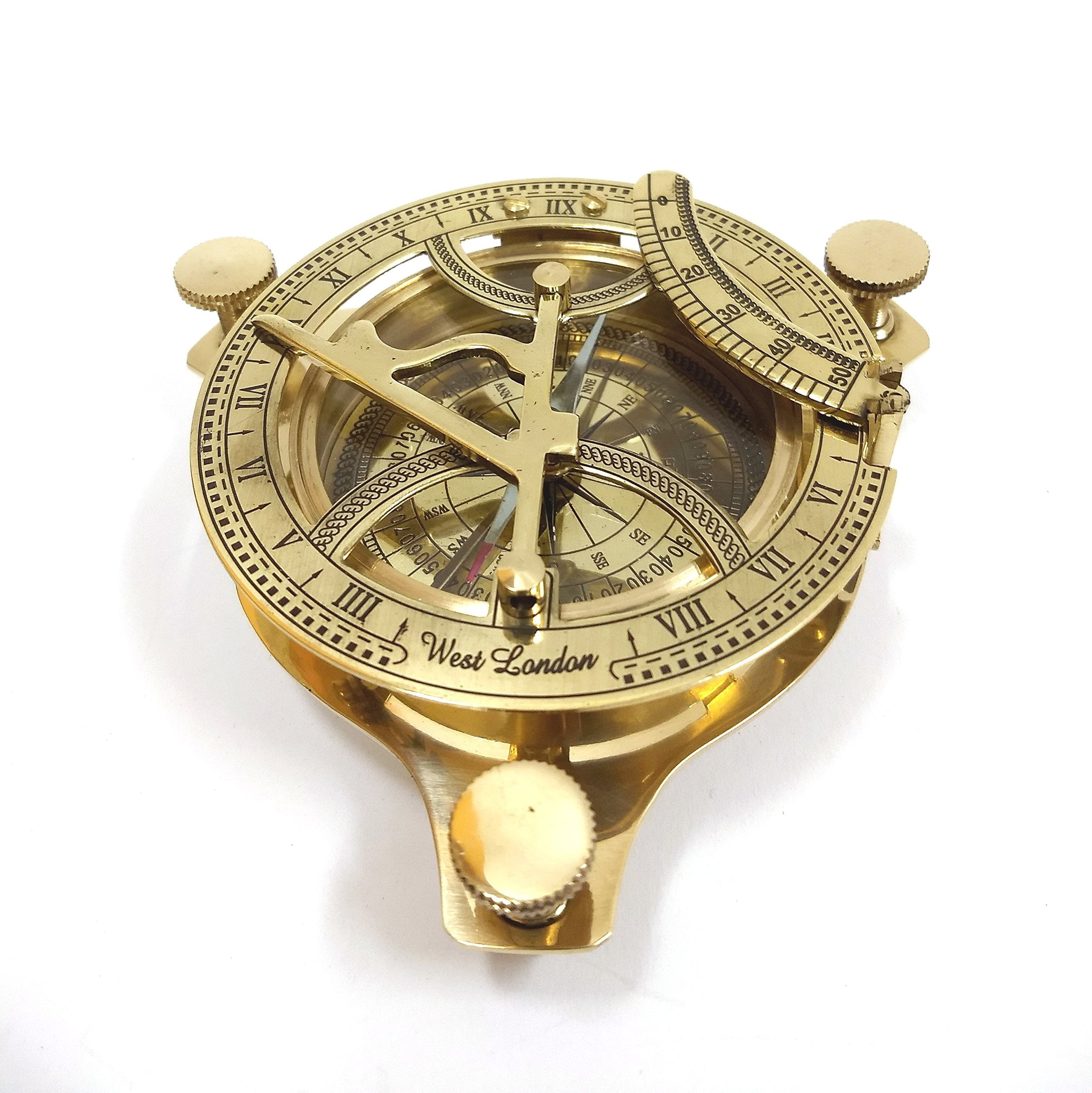 High Quality & Heavy Solid Brass Push Button Compass & Sundial 