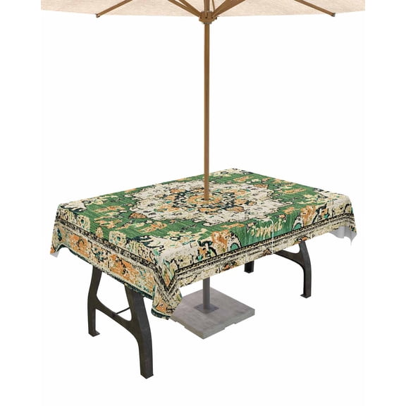 Outdoor Tablecloth with Umbrella Hole for Patio/Picnic/Party/Camping, Green Boho Waterproof Table Cloth Rectangle Table Cover Washable, Farmhouse Tribal Vintage Tribal Texture 54"x 80"