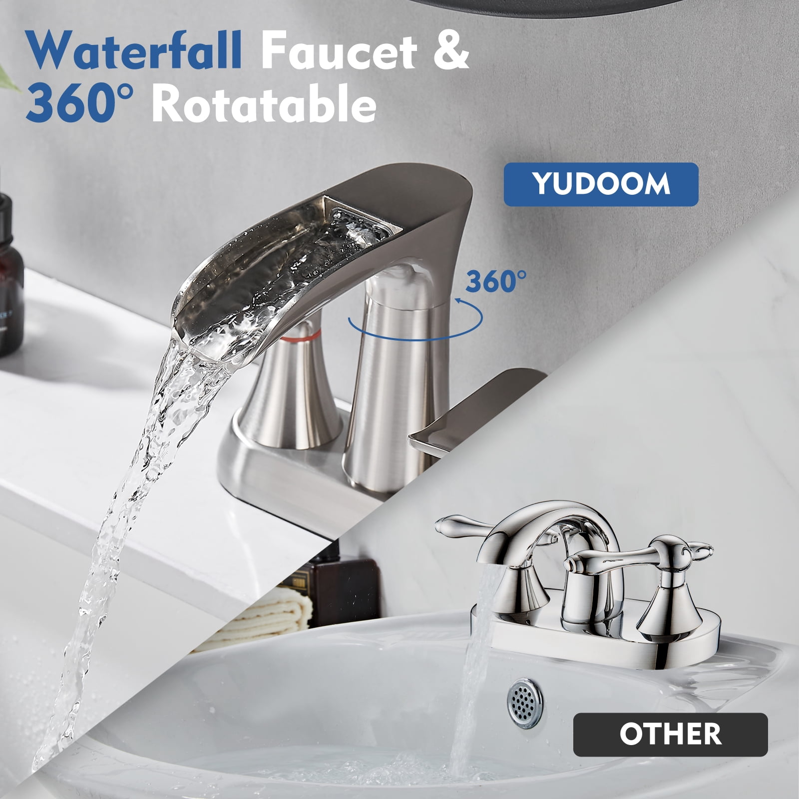 Brushed Nickel Bathroom Faucet,Yundoom 4 Inch Centerset Bathroom Faucet,Waterfall Bathroom Faucet,2 Handle Bathroom Faucet for Sink,360 Degree Swivel Spout Bathroom Sink Faucet with Pop Up Drain