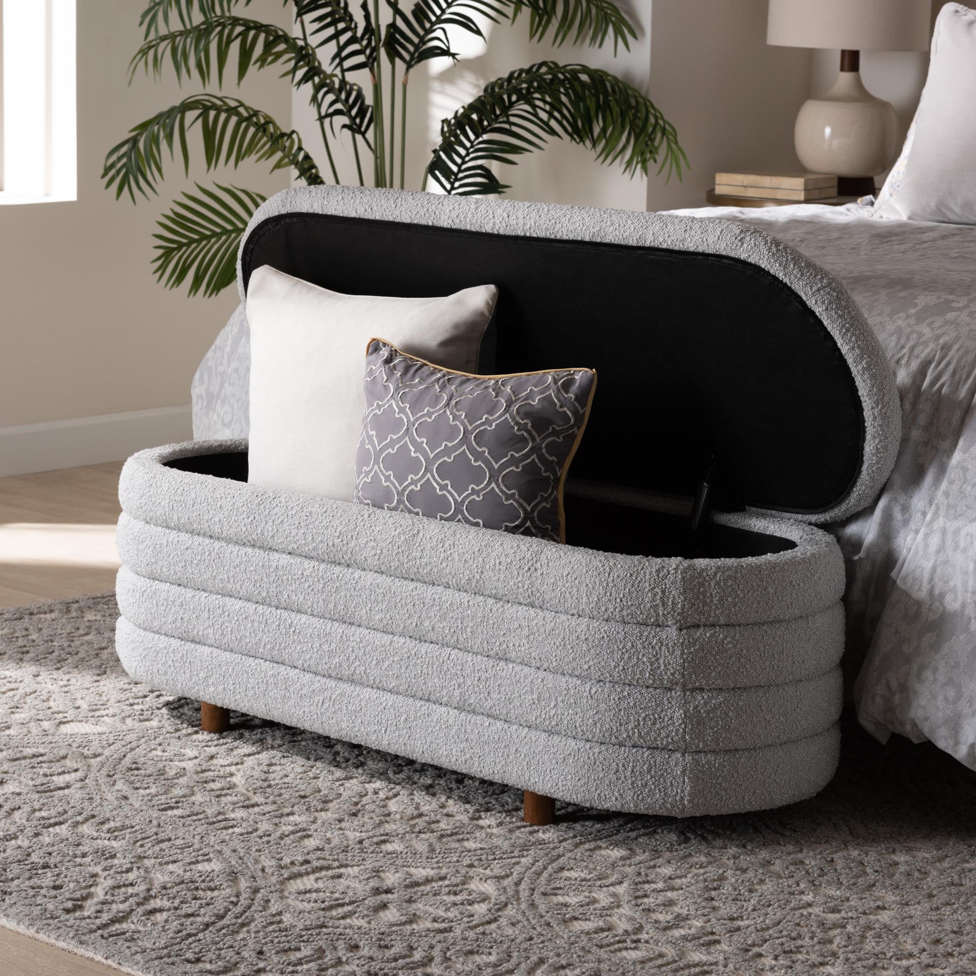 Baxton Studio Betiana Modern Japandi Light Grey Boucle Fabric and Walnut Brown Finished Wood Storage Bench