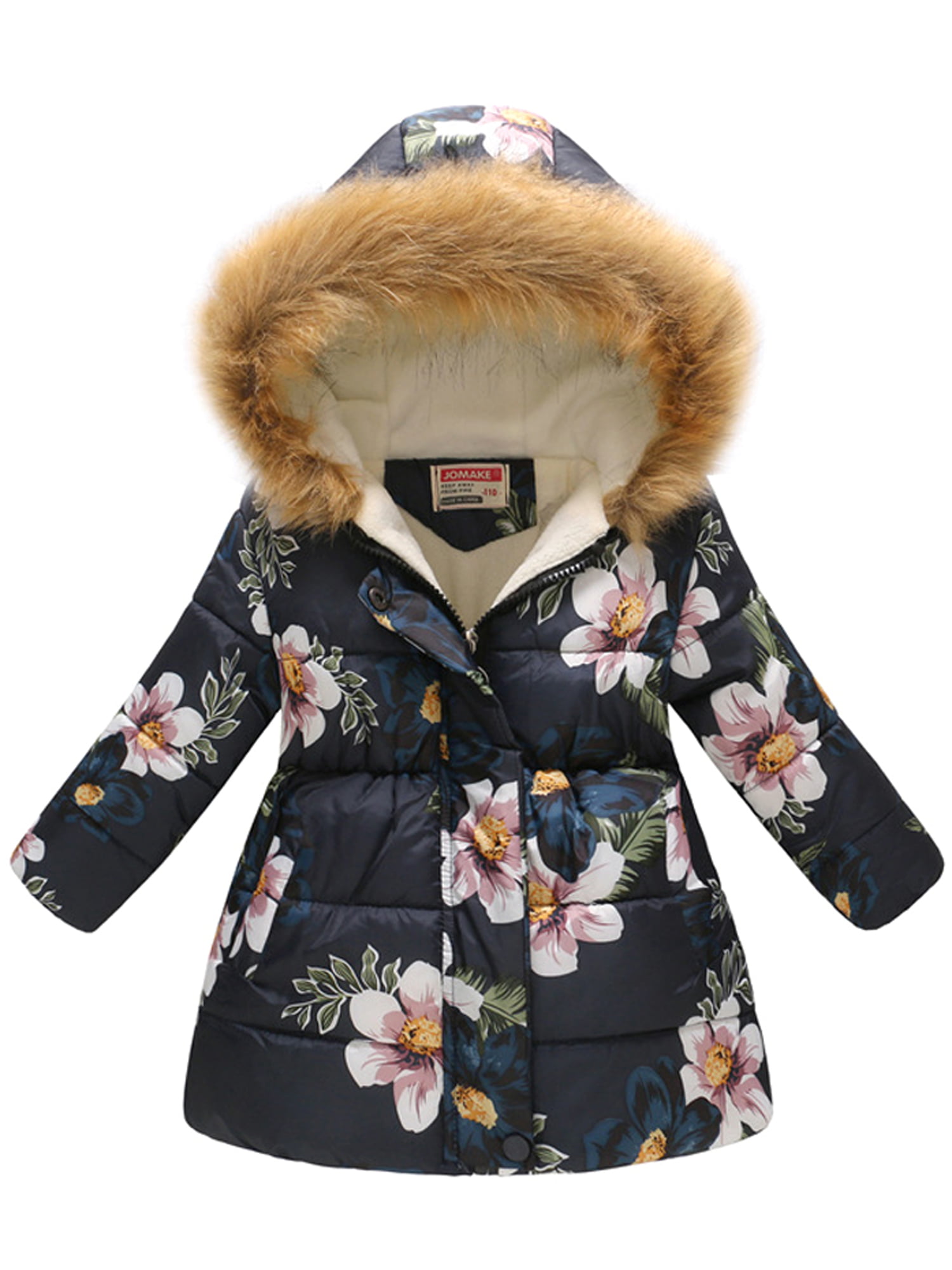 Winter Kids Girls Quilted Jacket Faux Fur Parka Hooded Warm Coat Long Parka Warm 