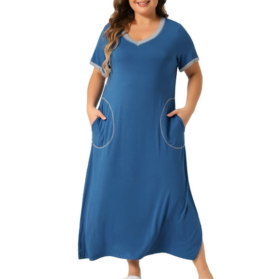 DARING DIVA Women's Plus Size Short Sleeve V Neck Nightgown with Pockets 1X Blue