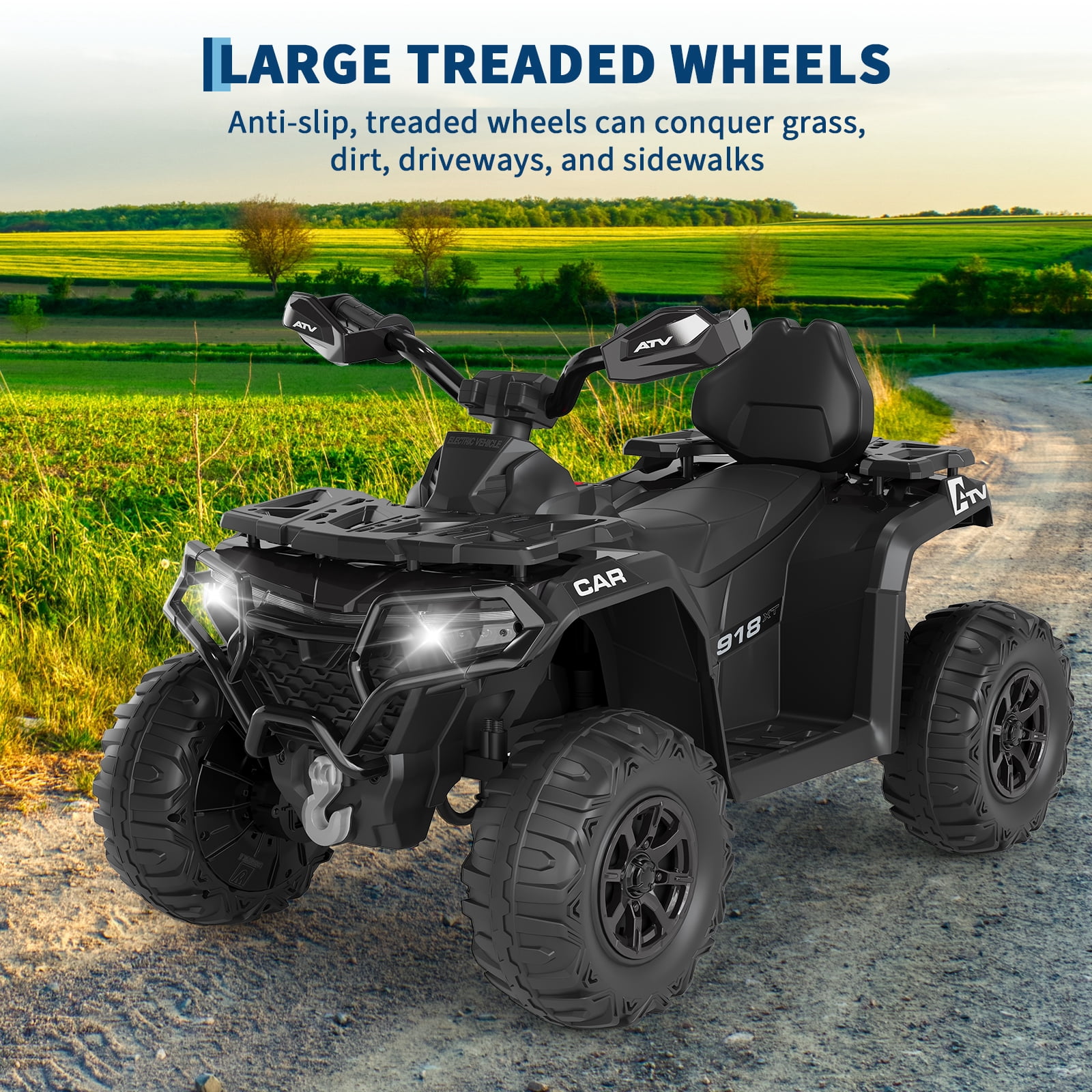 Garvee 12V Kids Ride On ATV,3 Variable Speeds,with Parent Remote Control,LED Headlights,Music,Black